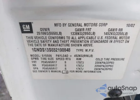 2003 Chevrolet Trailblazer Ltz from USA, damaged, VIN 1GNDS13S032190848